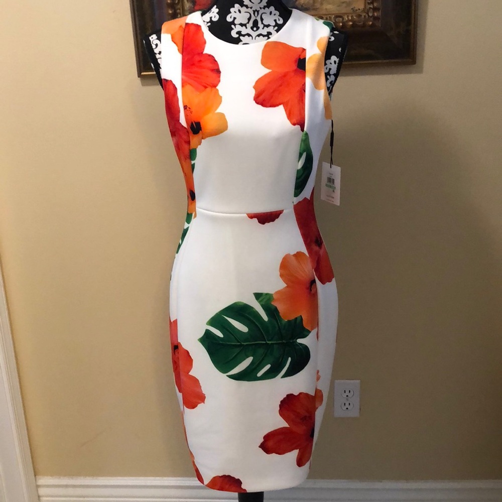 🆕🌺 Calvin Klein Tropical Floral Lined, Back zipper, Sheath dress